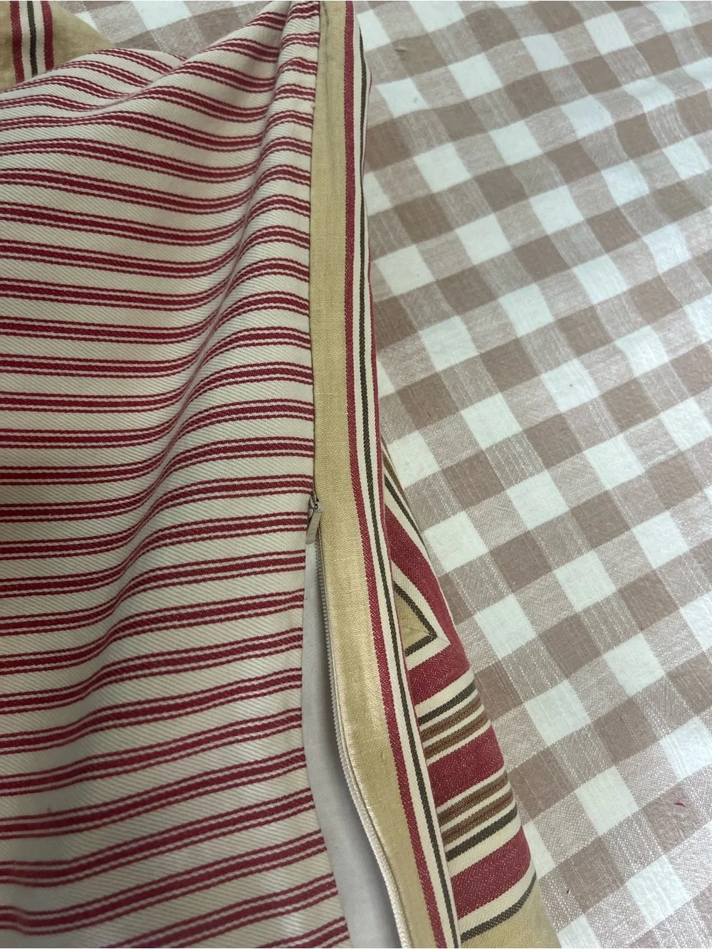 Pottery barn pillow cover red ticking tan zip closure